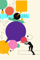 Motivated young man, employee pushing speech bubbles forward symbolizing cooperation with partners. Contemporary art collage. Concept of business, office, communication. Poster. Copy space for ad