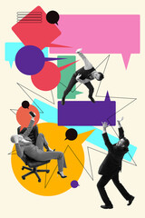 Arguing and words fight. Employees emotionally expressing ideas, accepting and rejecting information. Contemporary art collage. Concept of business, office, communication. Poster. Copy space for ad
