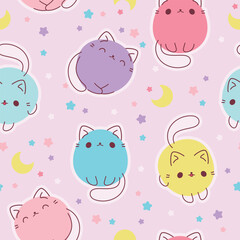 Abstract doodle cats pattern. Cute cartoon cat kitten flat characters, vector funny pet animals isolated on pink background.