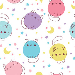 doodle cats pattern. Cute cartoon cat kitten flat characters, vector funny pet animals isolated on white background.