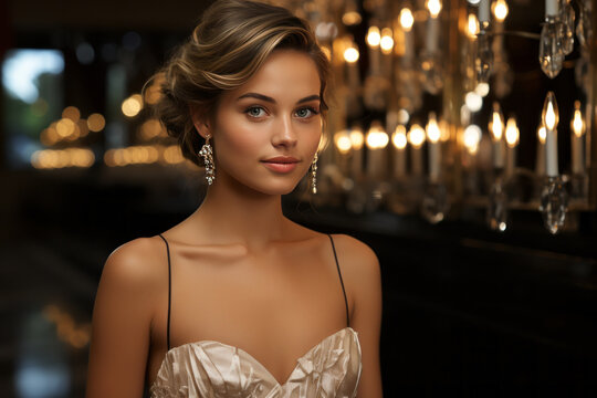 Sophisticated young woman in glamorous evening gown and diamond earrings, posing against grand chandelier backdrop radiating elegance & luxury.