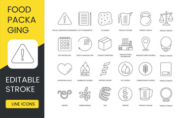 Labels on food packaging of food products, set of line icons in vector, list of ingredients and special conditions or warnings, allergens, volume and weight, expiration date. Editable stroke