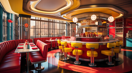 Retro vintage diner restaurant, interior design, stylish old fashioned design concept - obrazy, fototapety, plakaty