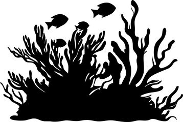 Hand drawn fishs and seaweed silhouette isolated on white background. Vector icons and stamp illustration © don't panic ;)