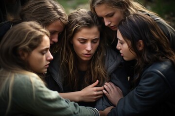 Girls support their friend in a difficult moment. Compassion, solidarity and support. - obrazy, fototapety, plakaty