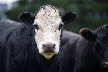 Cows in a field close up on a farm eating grass