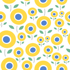 Seamless pattern with yellow flowers and leaves. Vector illustration.