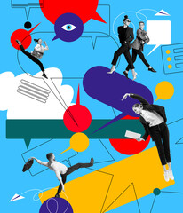 Motivated young people, employee, office workers working on their professional success and growth. Contemporary art collage. Concept of business, office, communication. Poster. Copy space for ad