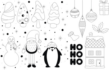 Black and white Christmas clipart, set, gnome, penguin, house, Christmas tree decorations, Holidays, snowman, vector illustration.