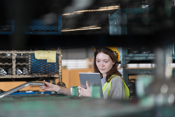 Fototapeta premium Female warehouse worker inspecting quality for auto spare parts for packaging in packaging department at warehouse storage