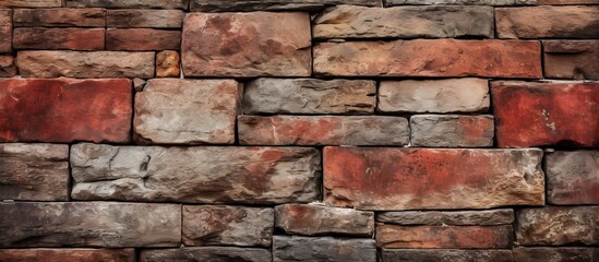 Closeup of the aged texture of red stone blocks on an old brick wall