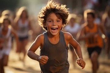 Fotobehang Triumphant young boy brimming with joy crosses the finish line, tears streaming down his face, stirring strong emotions in a testament to determination and achievement. © XaMaps