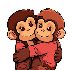 Children's characters are cute, friendly, cartoon monkeys hugging. The concept of friendship, brothers, love in the family, friends, love, friendliness, acceptance, kindness