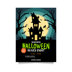 Halloween party invitation with a castle in the middle, bats, graves and a witch on a broom in full moon