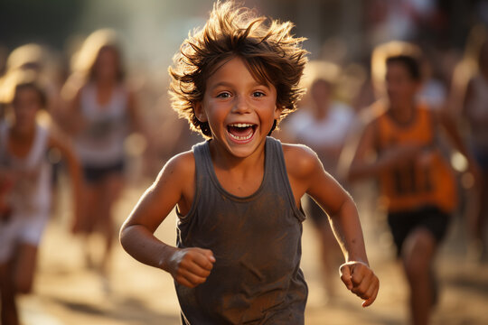 Triumphant young boy brimming with joy crosses the finish line, tears streaming down his face, stirring strong emotions in a testament to determination and achievement.