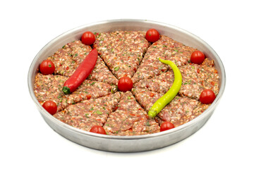 Minced meat tray kebab isolated on white background. Tray kebab, famous in Hatay city of Turkey. Flavors of Turkey