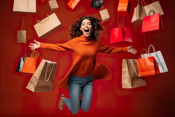 Dynamic portrait of happy woman surrounded by shopping paper bags and boxes