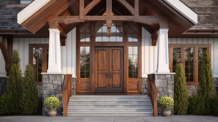 Obraz premium A beautifully designed wooden front door and steps in a stylish house