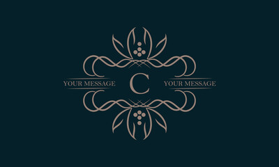 Luxury logo with letter C and beautiful stylish floral ornament. Elegant frame design in vector illustration. Monogram, emblem.