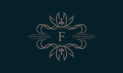 Luxury logo with letter F and beautiful stylish floral ornament. Elegant frame design in vector illustration. Monogram, emblem.