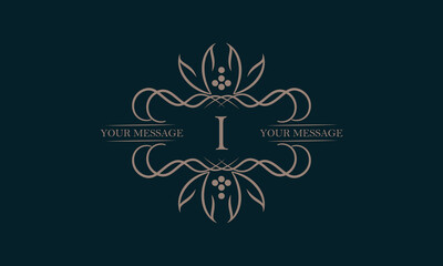 Luxury logo with letter I and beautiful stylish floral ornament. Elegant frame design in vector illustration. Monogram, emblem.