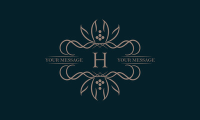 Luxury logo with letter H and beautiful stylish floral ornament. Elegant frame design in vector illustration. Monogram, emblem.