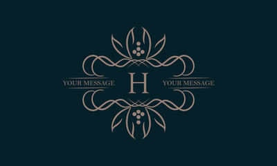 Luxury logo with letter H and beautiful stylish floral ornament. Elegant frame design in vector illustration. Monogram, emblem.