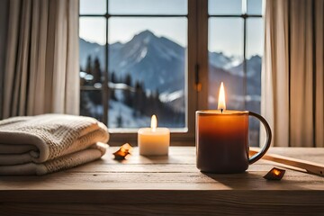 realistic depiction of a winter's night, emphasizing the cozy ambiance of candle-lit windows amid...