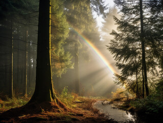 lone rainbow ending in a misty forest, beams of sunlight filtering through the trees