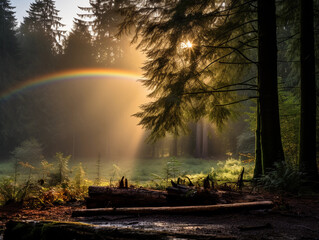 lone rainbow ending in a misty forest, beams of sunlight filtering through the trees