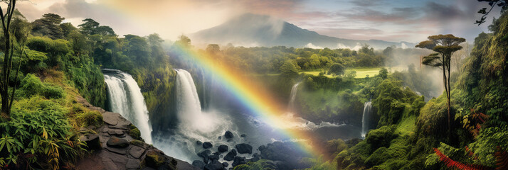 a rainbow dissecting a powerful waterfall, surrounded by lush greenery