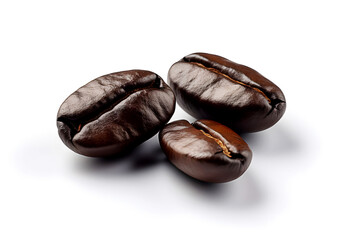 Three roasting coffee beans isolated on white background close up view