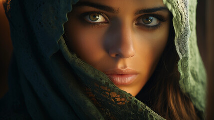 Naklejka premium Middle Eastern woman, eyes covered with decorative veil, striking green eyes, soft light from a lantern