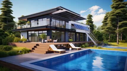 Fototapeta premium A modern house with a stylish pool and deck, showcasing exquisite interior design
