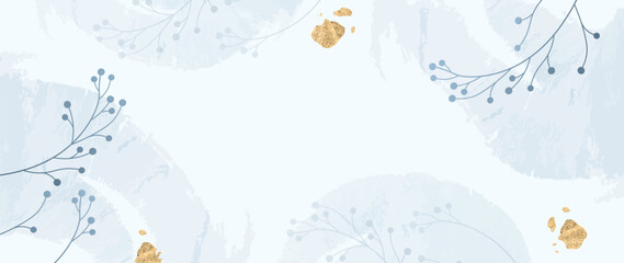 Artistic winter background. Hand painted leaves, watercolor, gold texture, botanical white leaves, hand drawn in cool colors. Winter abstract art design for wallpaper, wall art, covers, cards, vip, ba