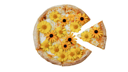 Cheese pizza decorated with edible flowers on a white background. cutting contour, materials for designers, for your projects, for collages 