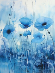 Blue Poppies in the Morning, Wall Art, Living Room Wall Decor Artwork, Generative AI