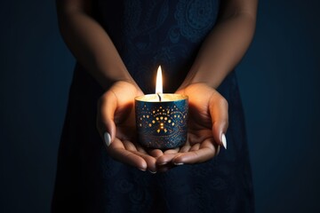 Woman hands with henna holding colorful clay diya lamps lit during diwali celebration