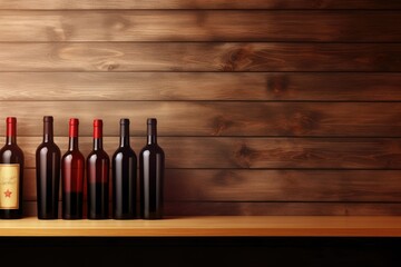Bottles of red wine on a wooden shelf. Copy space for winery