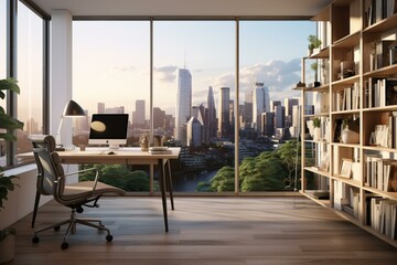 Contemporary workspace with wooden floors, furniture, city view from window, and natural light. Generative AI