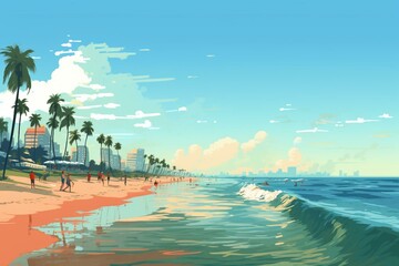 Pixelated artwork depicting a beach scene. Generative AI
