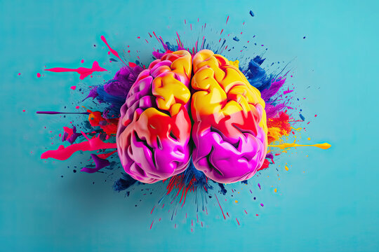 Pop art brain in psychedelic colors on a light blue backdrop with colorful paint splashes, background