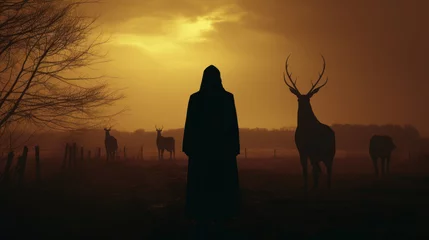 Fototapeten Silhouette of a hooded mysterious man in a suspenseful scene with a deer, its grand antlers portraying a satanic creature. © ArgitopIA