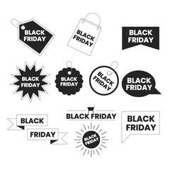 Shop special offers black and white 2D line cartoon price tags bundle. Black friday isolated vector outline stickers sale holiday. Monochromatic flat spot illustration set, retail promotion labels