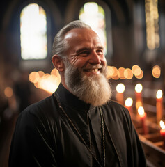Portrait of senior priest smiling in church. Religion concept.