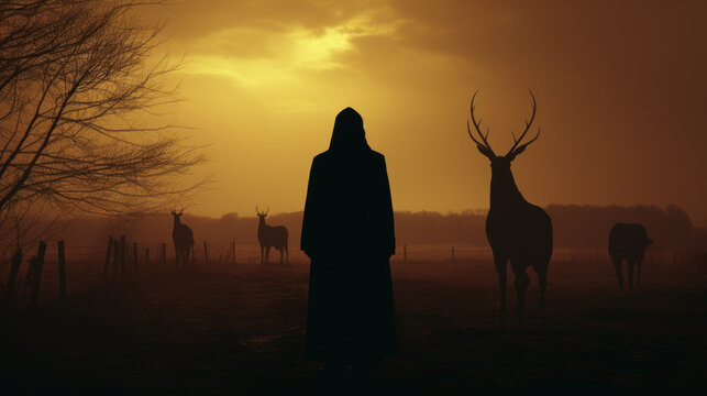 Silhouette of a hooded mysterious man in a suspenseful scene with a deer, its grand antlers portraying a satanic creature.