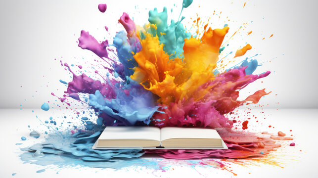 Banner showcasing an open blank book with a burst of colors symbolizing the vast world of literature.