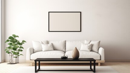 Fototapeta na wymiar A modern living room with a sleek white couch and minimalist coffee table