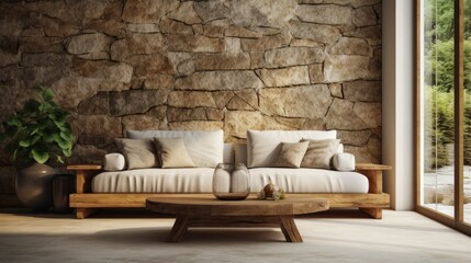 A cozy couch against a rustic stone wall, creating a stylish and inviting interior design