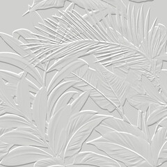 Embossed tropical palm leaves white 3d seamless pattern. Beautiful floral relief background. Repeat textured vector backdrop. Surface emboss leaves. 3d ornament. embossing effect. Leafy 3d texture